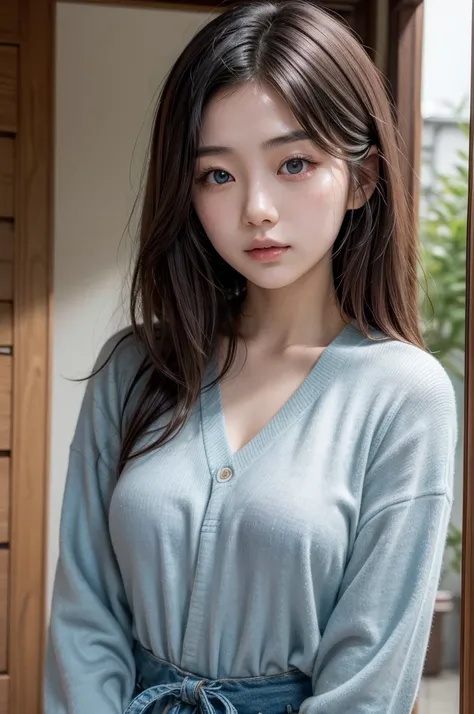 A very beautiful 20 year old Japanese woman,beautiful face,,lob hair , ,Because I&#39;m slender, sharp outline、brown skin:1.2、uniform , blouse ,skirt , change room,Beautiful symmetrical eyes, , cleavage , high quality, high detail, High resolution, Luminou...