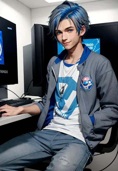 best qualityer: 1.0), (super high resolution: 1.0), Boy Anime, short royal blue hair, greeneyes, gray jacket with zipper, Nintendo t-shirt, slightly-smile, long blue jeans, blue and white sneakers, sitting in front of the computer playing, background in th...