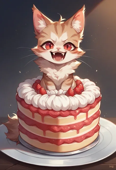 The cat bites the cake with long fangs