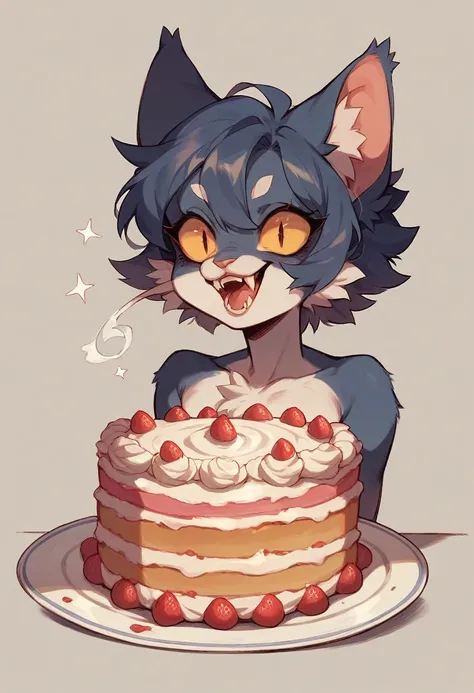 The cat bites the cake with long fangs