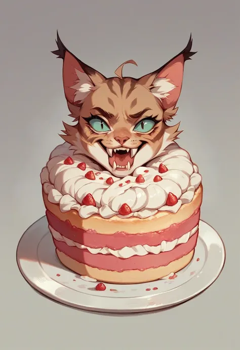 The cat bites the cake with long fangs