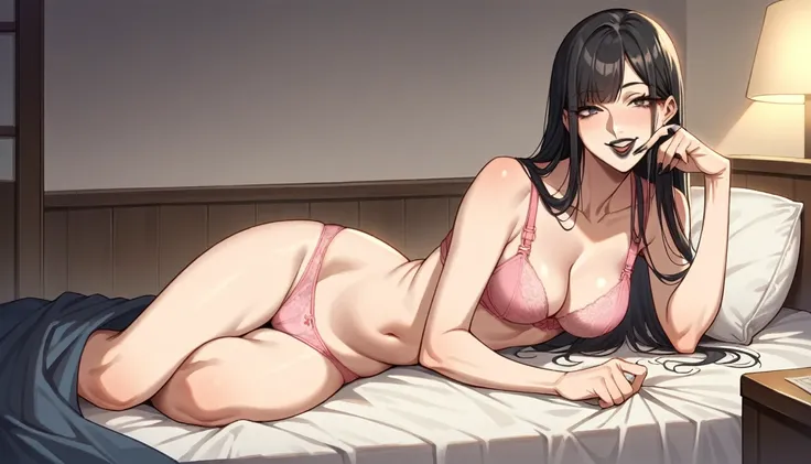 score_9, score_8_up, score_7_up, source_anime, rating_explicit, beautyful mature japanese woman, slim body, slender body, big long fringe black hair, black lipstick, pink bra, naughty smile, sit in a bed, pink panties, togue out, motel room