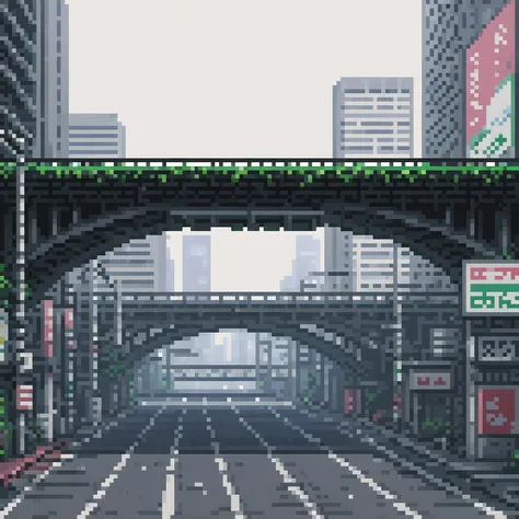 pixel art, 258 bits, sheet of an empty viaduct in shinjuku with buildings behind in hd