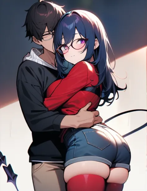 1 girl and 1 boy The girl: (masterpiece), best quality, expressive eyes, perfect hybrid succubus girl face, short girl, long cyan and blue hair, magenta eyes, glasses, happy, black sports top, red thigh - High stockings , demon tail, golden necklace with a...