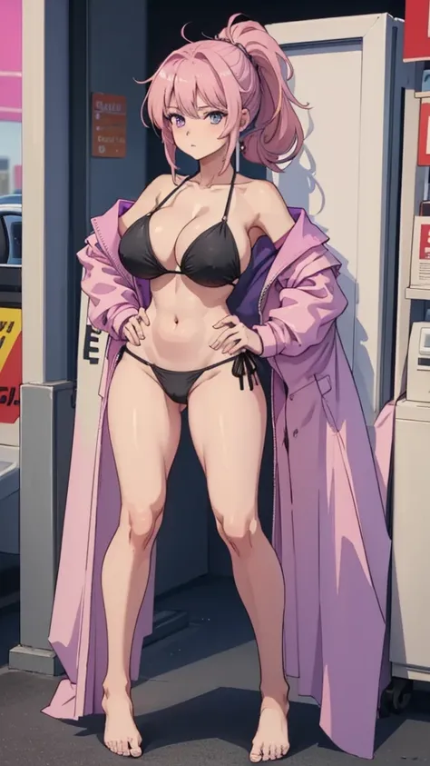 Masterpiece, best quality, Masterpiece, best quality, 1 woman , I , pink hair , ponytail , purple eyes , sly face , black bikini , big breasts , abdomen , Long legs , Put your hands on your hips.... , Barefoot , full body , convenience store ,