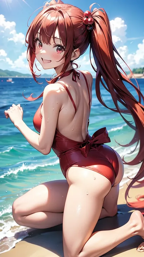 ore no imouto ga konna ni kawaii wake ga nai, 25-yers-old girl with crimson red hair - pulled up into twintail, wearing an anime one piece swimsuit,  smiling, beach cove background, full body portrait, kneeling, back turned 