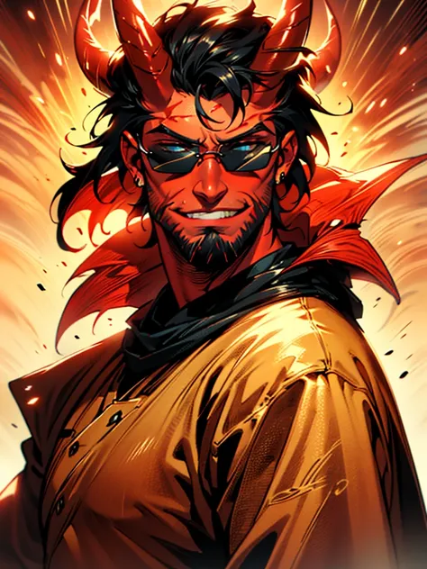 Masterpiece, 1male, solo, a mature male demon with (((red skin))), medium (((red horns))), short black hair, ((thick)) black beard, wearing a (((white))) poncho, black sunglasses, (((hyper detailed clothes, hyper detailed face and hair, square face, smirk)...