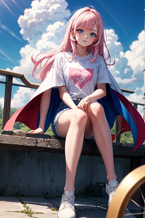 ((best quality)), ((masterpiece)), (detailed), 1girl, Pink hair, blue eyes, white t shirt, blue Jean shorts, rainbow cape, sitting on cloud, young. Ethereal beauty. 