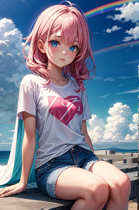 ((best quality)), ((masterpiece)), (detailed), 1girl, Pink hair, blue eyes, white t shirt, blue Jean shorts, rainbow cape, sitting on cloud, young. Ethereal beauty. 