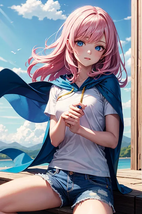 ((best quality)), ((masterpiece)), (detailed), 1girl, Pink hair, blue eyes, white t shirt, blue Jean shorts, rainbow cape, sitting on cloud, young. Ethereal beauty. 