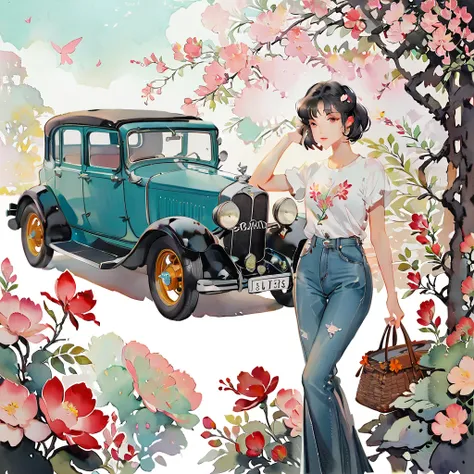 (((paper cut style))), 1 girl, short black long hair, shirts and denim, vintage classic car