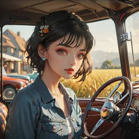 1 girl, long black short hair, paper cut style, denim shirts, classic vintage car, (best quality,4k,8k,highres,masterpiece:1.2),ultra-detailed,(realistic,photorealistic,photo-realistic:1.37),detailed face, detailed eyes, detailed lips, longeyelashes, cinem...