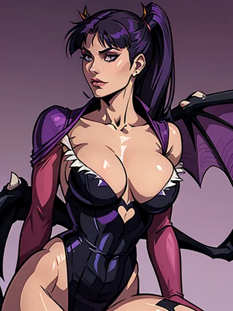 A woman in purple and black clothing, Morrigan Aenlsand style.
