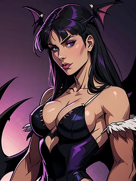 A woman in purple and black clothing, Morrigan Aenlsand style.
