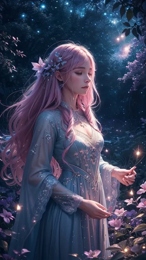 (best quality,ultra-detailed,realistic:1.37),magical, ethereal, night, vibrant plants, mystical atmosphere, spirit blossom, night sky, glowing stars, constellations, fireflies, enchanting atmosphere, pink blue colour scheme, magical realm, fantasy, spiritu...