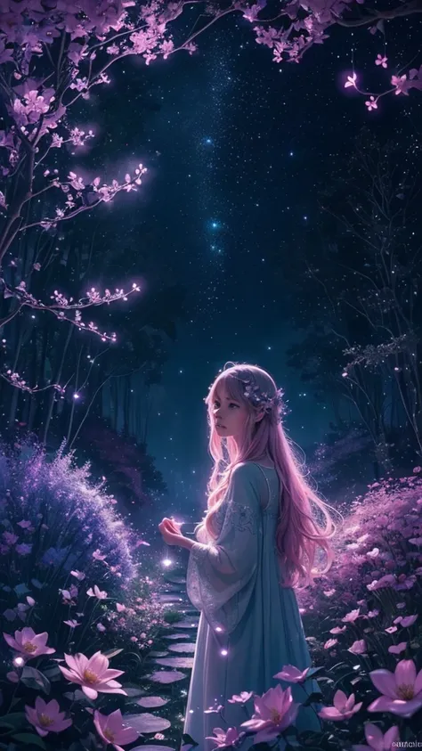 (best quality,ultra-detailed,realistic:1.37),magical, ethereal, night, vibrant plants, mystical atmosphere, spirit blossom, night sky, glowing stars, constellations, fireflies, enchanting atmosphere, pink blue colour scheme, magical realm, fantasy, spiritu...