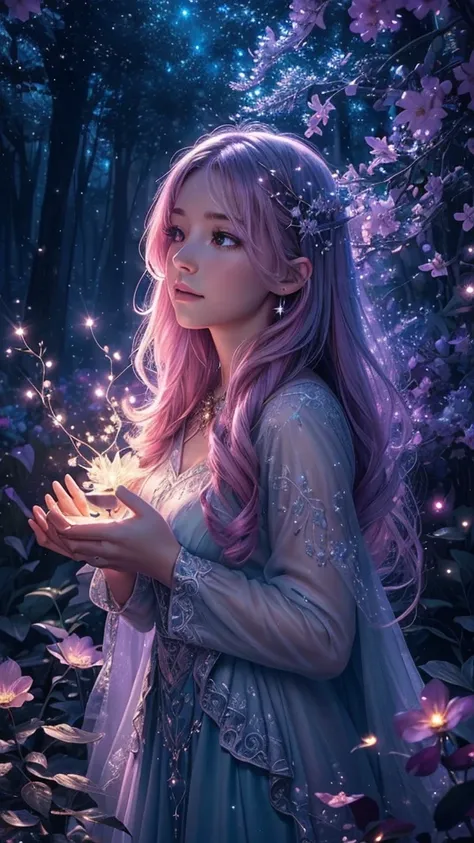 (best quality,ultra-detailed,realistic:1.37),magical, ethereal, night, vibrant plants, mystical atmosphere, spirit blossom, night sky, glowing stars, constellations, fireflies, enchanting atmosphere, pink blue colour scheme, magical realm, fantasy, spiritu...