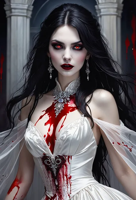 Arafed, dark fantasy art, goth art, a beautiful female vampire wearing a (blood stained white evening dress: 1.5), ((blood stains on the chest and neck)), an extremely beautiful female vampire, ultra detailed face, black hair, long hair, wavy hair, dark gl...