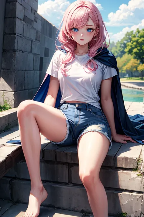 ((best quality)), ((masterpiece)), (detailed), 1girl, Pink hair, blue eyes, white t shirt, blue Jean shorts, rainbow colored cape, sitting on cloud, young. Ethereal beauty. 