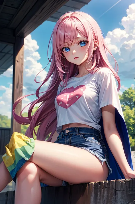 ((best quality)), ((masterpiece)), (detailed), 1girl, Pink hair, blue eyes, white t shirt, blue Jean shorts, rainbow colored cape, sitting on cloud, young. Ethereal beauty. 