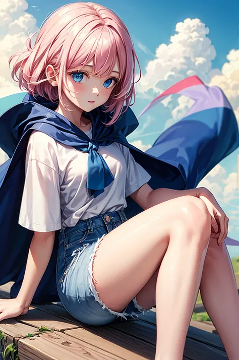 ((best quality)), ((masterpiece)), (detailed), 1girl, Pink hair, blue eyes, white t shirt, blue Jean shorts, rainbow colored cape, sitting on cloud, young. Ethereal beauty. 