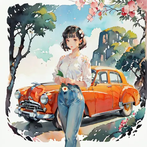 (((paper cut style))), 1 girl, short black long hair, shirts and denim, vintage classic car