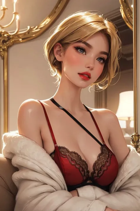 1girl,a beautiful fashion model ,(masterpiece, detailed background, best quality),short and shiny hair, light blomde hair with blonde highlights,smirk,juicy lips,red lips, calmart, lingerie, stripping, elegant makeup, (girl cocking her eyebrow)