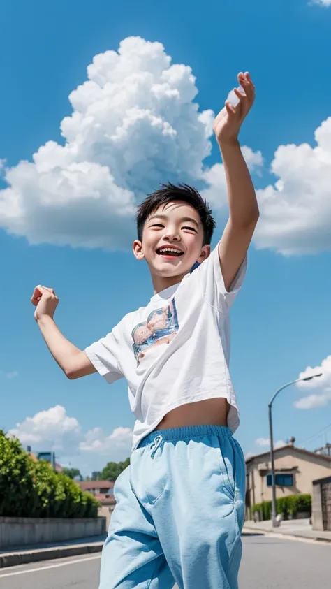 masterpiece, best quality, A young boy laughing happily on the street，Blue sky and white clouds in the background