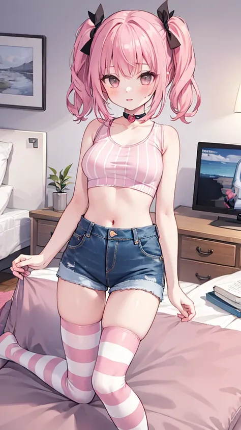 (masterpiece, best quality), 1girl, pink hair, crop top, denim shorts, bedroom, striped thighhighs,