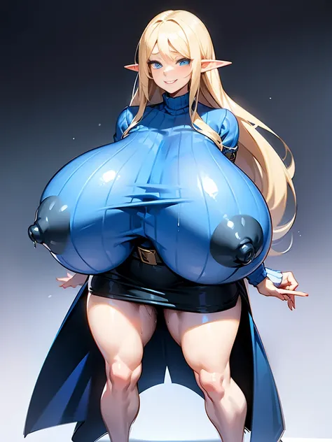 young elf girl, blue eyes, blue Pullover, black long skirt, whole body to see, smiled, excited, moans, blond long hair, sexy pose, big breasts, wide hips, (((gigantic milky breasts)))