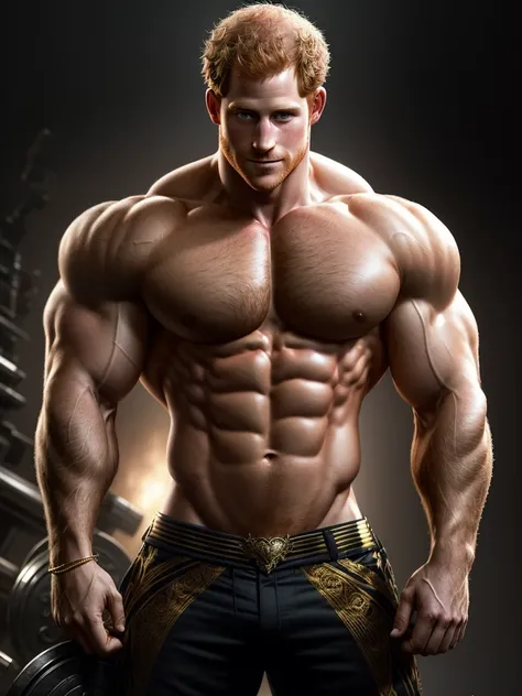 ealistic style, erotic, young prince Harry face, very gigantic-bodybuilder, bodybuilding poses, 240-inches-biceps, shy smile, random places, trending on artstation, sharp focus, studio photo, intricate details, highly detailed, by greg rutkowski