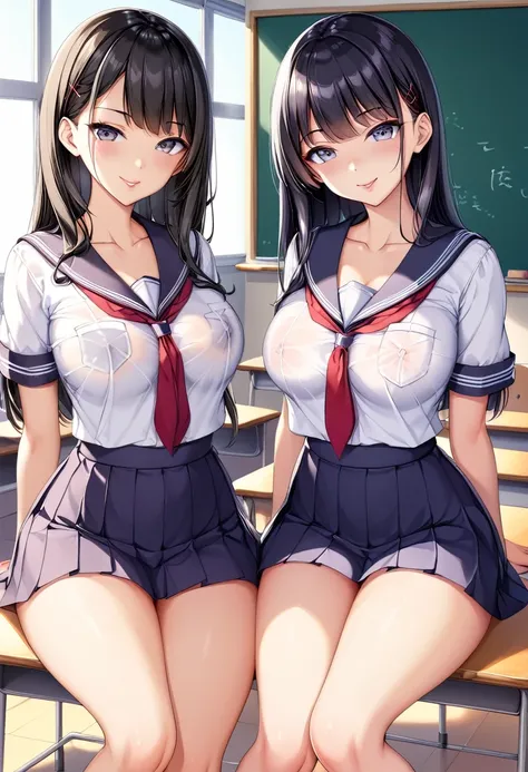 middle School girls、Black Haired Beautiful Girl、uniform、薄い生地のuniform、Naughty lips、Collarbone in full view、Waistline、Navy Skirt、Sexy thighs、School、classroom