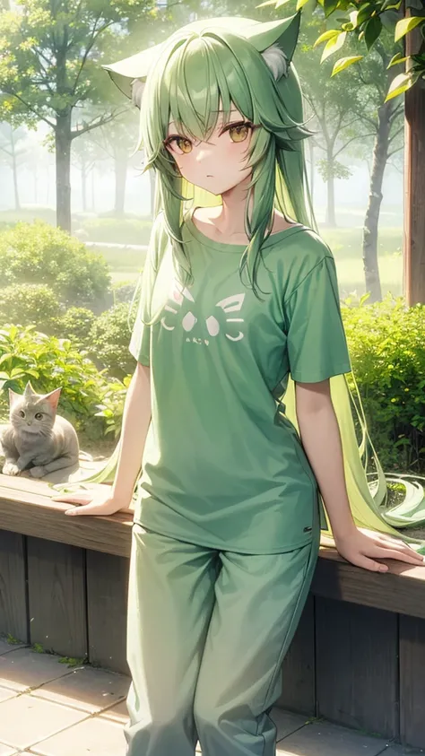 Pale green hair、Long Hair、Yellow、cute、Cat ear、Flat Chest、pants、T-Shirts