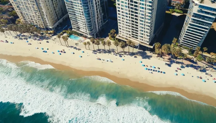 Drone view from above, Cinematic traversal camera movement, the camera travelling through above the waves of the beach of Los Angels California s to the city. The crashing blue waters create white-tipped waves, while the soft light of the rising sun illumi...