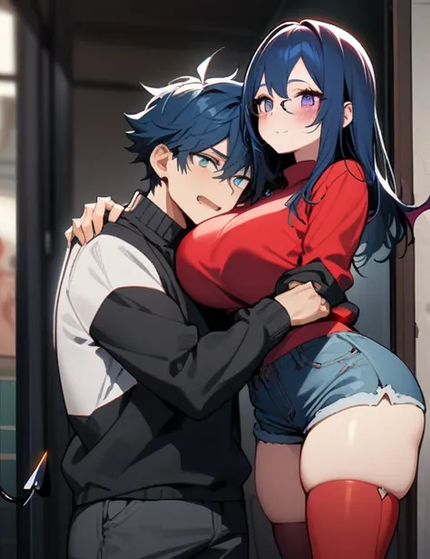 1 girl and 1 boy The girl: (masterpiece), best quality, expressive eyes, perfect hybrid succubus girl face, short girl, long cyan and blue hair, magenta eyes, glasses, happy, black sports top, red thigh - High stockings , demon tail, golden necklace with a...