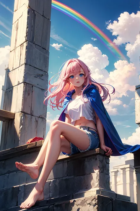 ((best quality)), ((masterpiece)), (detailed), 1girl, Pink hair, blue eyes, white t shirt, blue Jean shorts, rainbow colored cape, sitting on cloud, young. Ethereal beauty. 