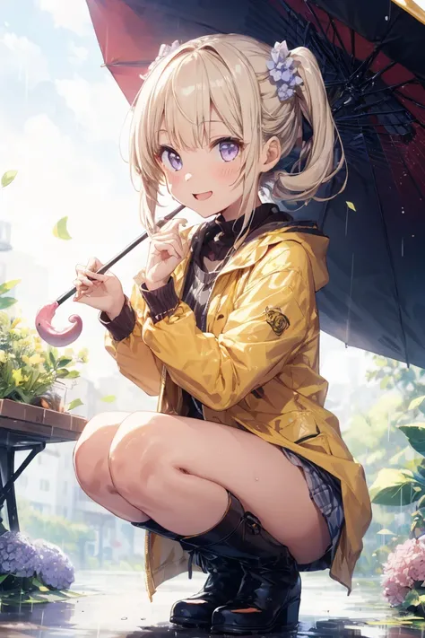 One Girl,rainbow,raincoat,yellow raincoat,rubber Knee-high boots,Hydrangea,flower,Long Hair,Twin tails,Knee-high boots,blush,umbrella,Open your mouth,hair ornaments,white background,Food,alone,Terboz,very Long Hair,Food up,Long sleeve,Low Ponytail,bow,bang...