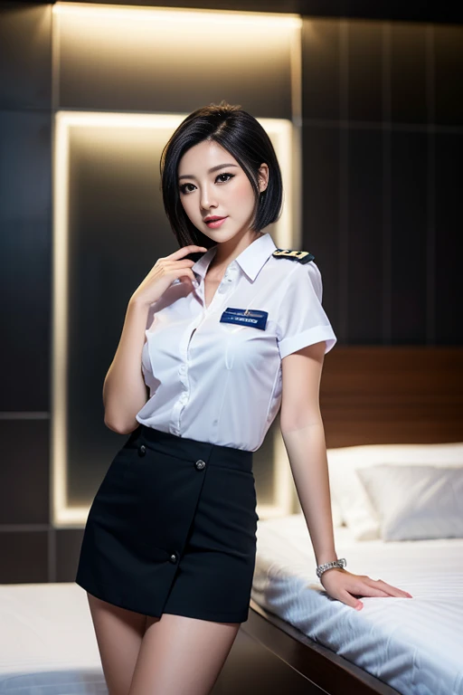 a gorgeous lady, age 21, Flight Attendant uniform, Shenzhen Airlines Stewardess, white shirt and pink mini-skirt, posing in tabletop position, looking back over her shoulder, with a sultry expression, on a bed, dimples, ponytail short hair, short bob hair,...