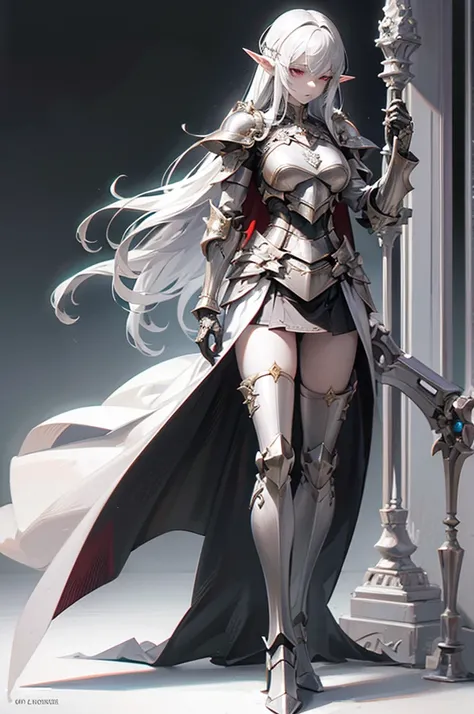 female elf knight, full body art, silver hair, white skin, red iris eye, knight full plate adorned armor, silver cape, perfectly detailed