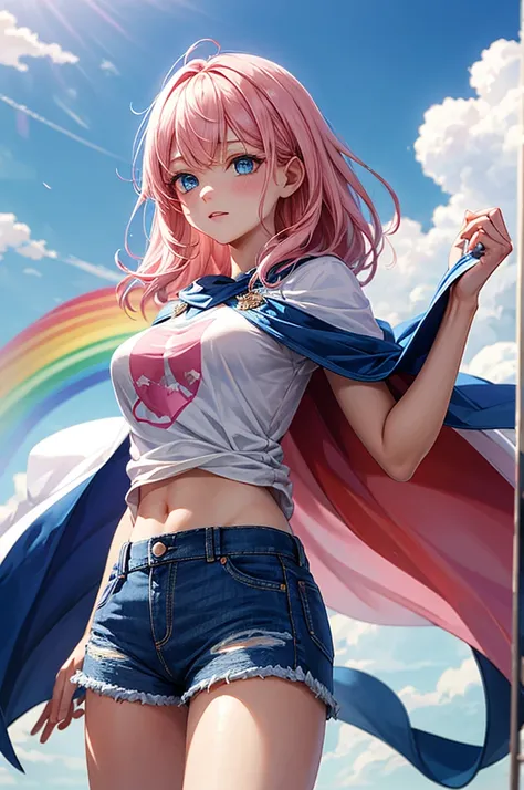 ((best quality)), ((masterpiece)), (detailed), 1girl, Pink hair, blue eyes, white t shirt, blue Jean shorts, rainbow colored cape, standing on cloud, young. Ethereal beauty. 