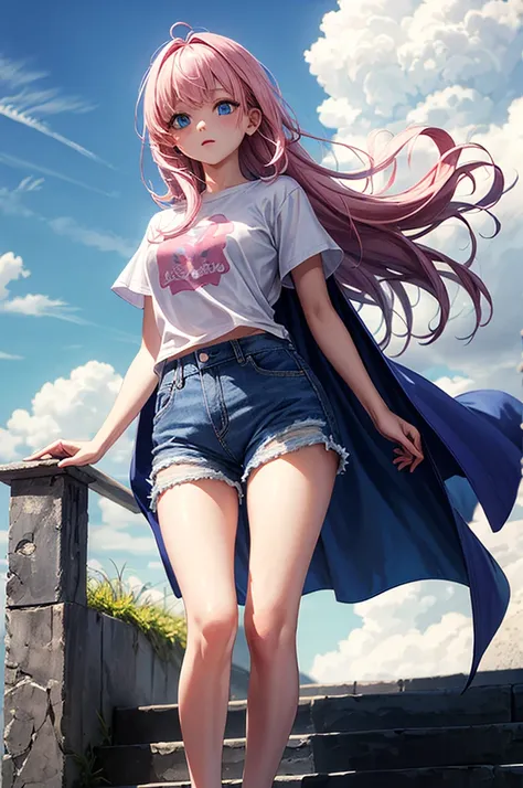 ((best quality)), ((masterpiece)), (detailed), 1girl, Pink hair, blue eyes, white t shirt, blue Jean shorts, rainbow colored cape, standing on cloud, young. Ethereal beauty. 