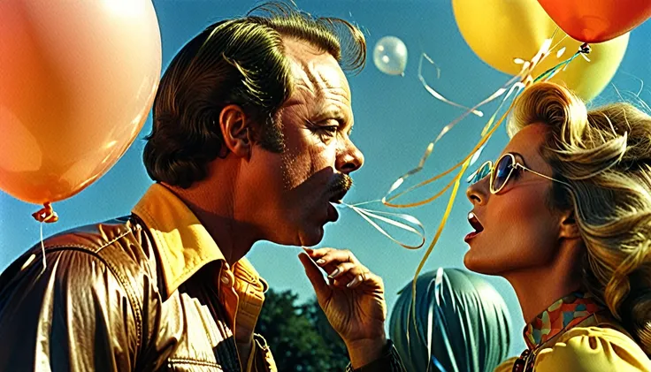 1970s photo of "Too Short" wearing 1970s attire, he is watching a beautiful woman blow up a balloon, atmospheric perspective, textured skin, cinematic action, super detail,