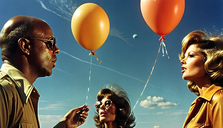 1970s photo of "Too Short" wearing 1970s attire, he is watching a beautiful woman blow up a balloon, atmospheric perspective, textured skin, cinematic action, super detail,