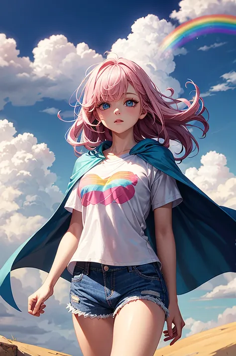 ((best quality)), ((masterpiece)), (detailed), 1girl, Pink hair, blue eyes, white t shirt, blue Jean shorts, rainbow colored cape, standing on cloud, young. Ethereal beauty. 