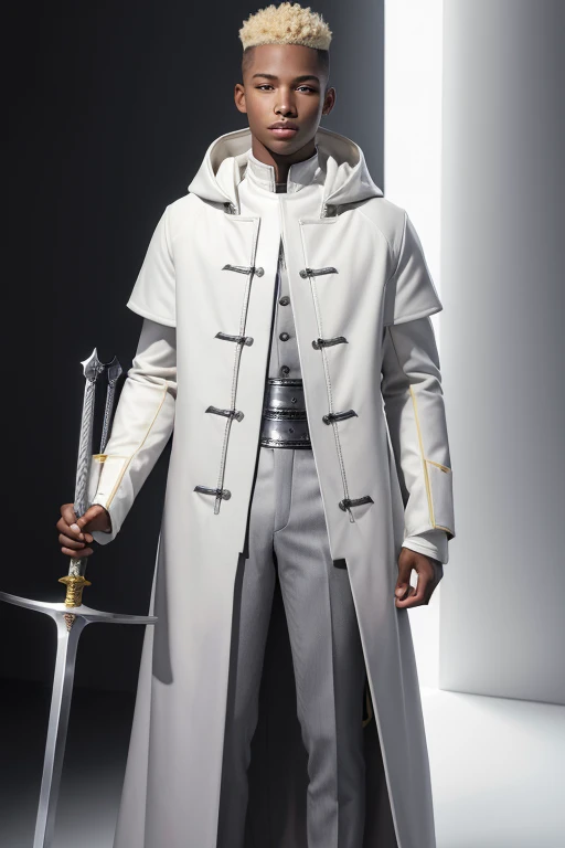 Black teenager male with a blond low fade hair, wearing a white and light gray overcoat that covers until his foot holding a rapier sword without the armor