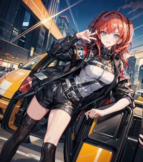 (high quality, 8k, 4k, high contrast, masterpiece:1.2, best quality, best aesthetics), (dynamic angle), Sexy female police officer, Detailed face and body, Beautiful breasts, confident look, (Red hair, long hair), Shiny black uniform, Tactical belt with eq...