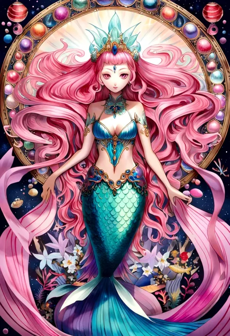 ACG 3Dレンダリング,Pink Hair, Victoria Roll back hair、Vertical rolls in the back、Estrus, Mermaid, Expose, dream-like, Intricate details, 8k Lorifier Decorated Tiara,Popular Imperial Sisters at Art Station