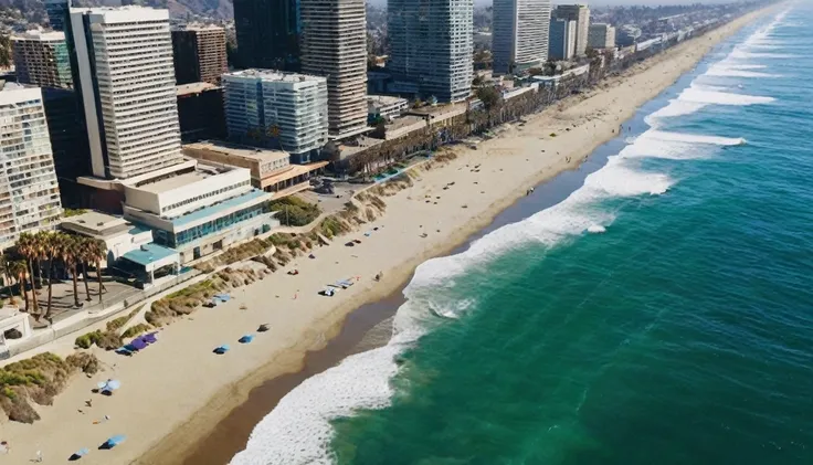 Drone view from above the beach of Los Angels California  in 3060.The crashing blue waters create white-tipped waves, while the soft light of the rising sun illuminates the shore. The futuristic  high tech  Los Angeles city with many skyscrapers and bridge...