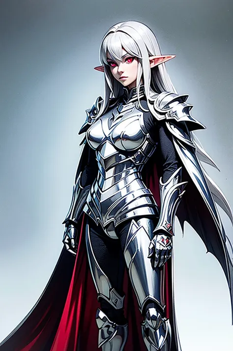 female elf knight, full body art, silver hair, white skin, red iris eye, knight full plate adorned armor, silver cape, perfectly...