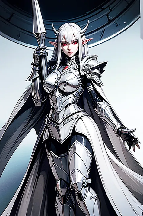 female elf knight, full body art, silver hair, white skin, red iris eye, knight full plate adorned armor, silver cape, perfectly detailed